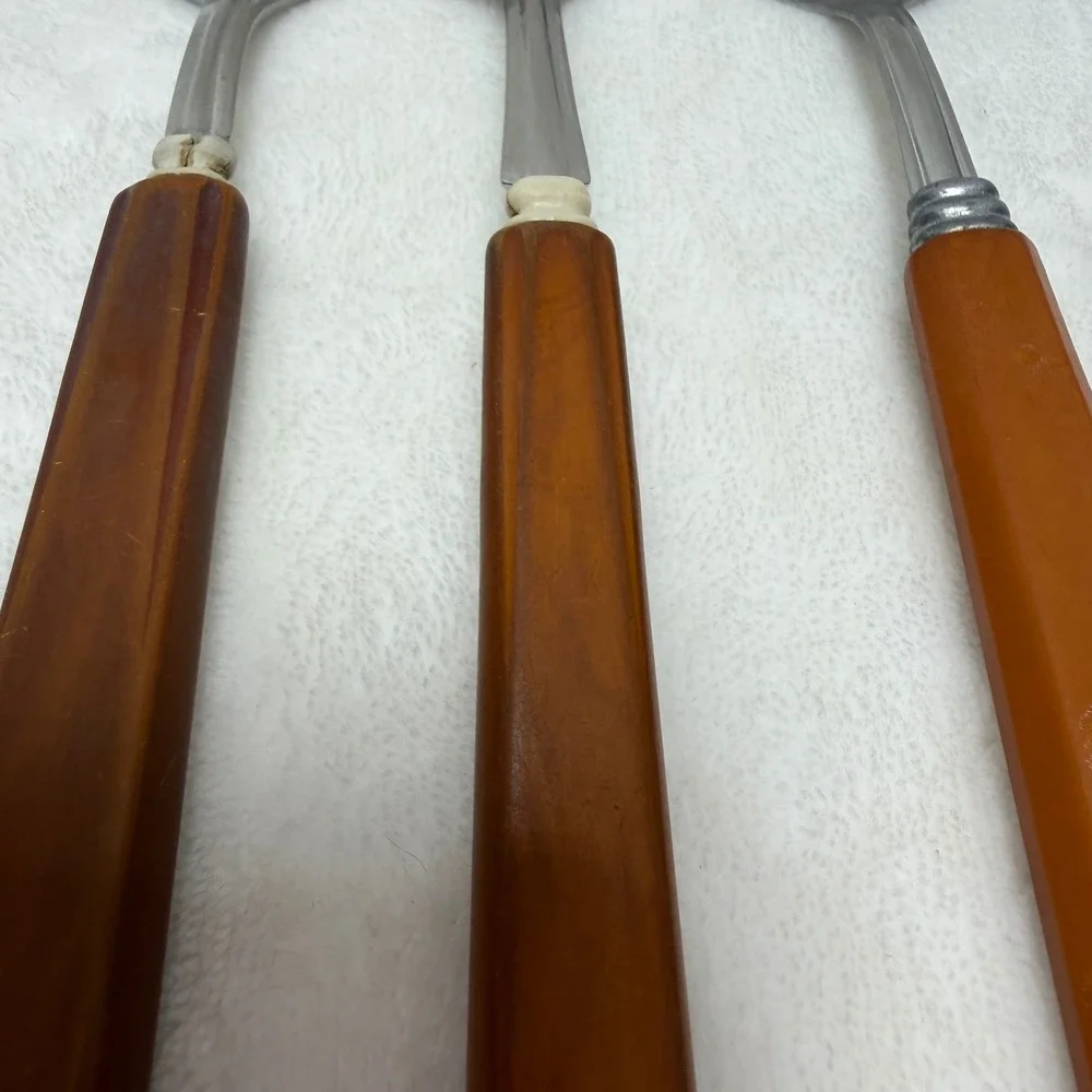 Vintage Butterscotch Handle Utensil Set 3pc Stainless USA Mid Century Modern MCM